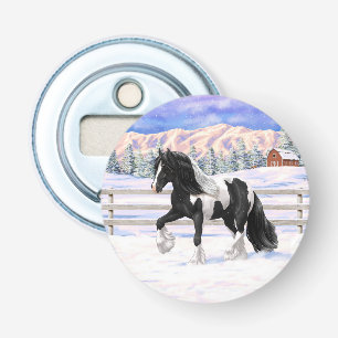 Black Pinto Piebald Gypsy Vanner Draft Horse Button Flesopener