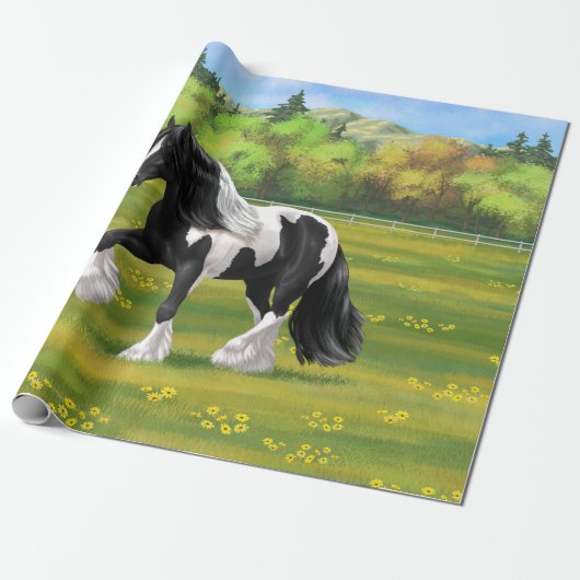 Black Pinto Piebald Gypsy Vanner Draft Horse Cadeaupapier (Uitgerold)