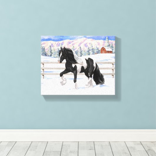 Black Pinto Piebald Gypsy Vanner Draft Horse Canvas Afdruk (Insitu (Houten vloer))