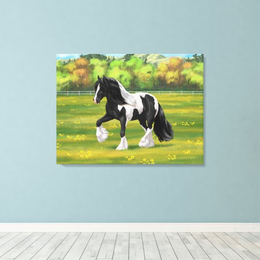 Black Pinto Piebald Gypsy Vanner Draft Horse Canvas Afdruk (Insitu (Houten vloer))