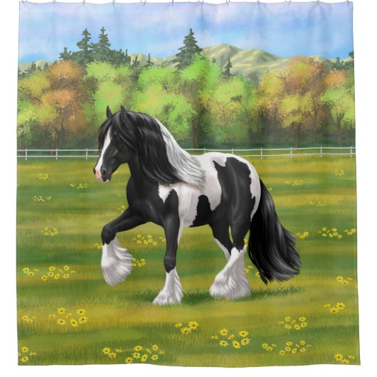Black Pinto Piebald Gypsy Vanner Draft Horse Douchegordijn (Voorkant)