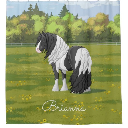 Black Pinto Piebald Gypsy Vanner Draft Horse Douchegordijn (Voorkant)