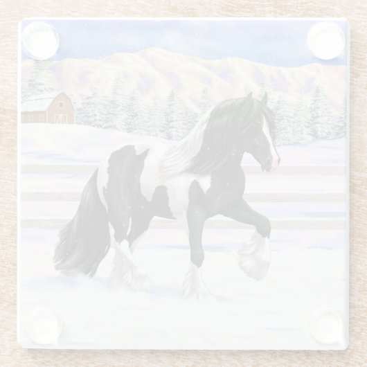 Black Pinto Piebald Gypsy Vanner Draft Horse Glazen Onderzetter (Achterkant)