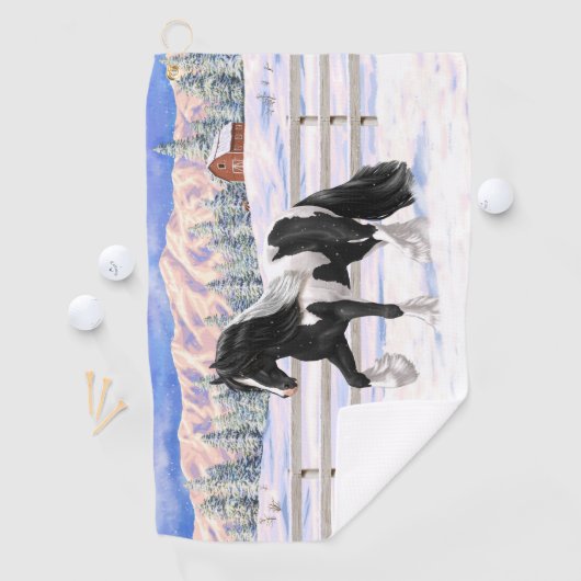 Black Pinto Piebald Gypsy Vanner Draft Horse Golfhanddoek (Insitu)