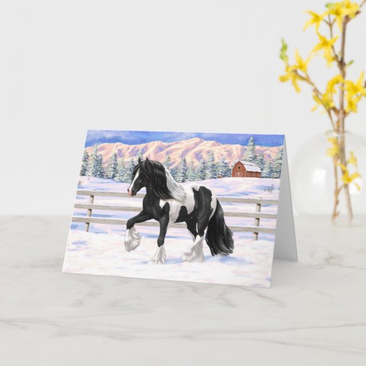 Black Pinto Piebald Gypsy Vanner Draft Horse Kaart (Gele Bloem)