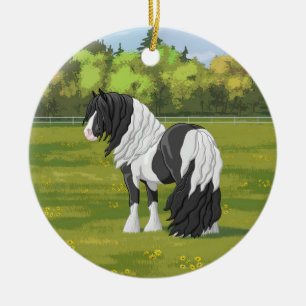Black Pinto Piebald Gypsy Vanner Draft Horse Keramisch Ornament
