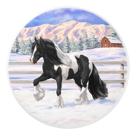 Black Pinto Piebald Gypsy Vanner Draft Horse Keramische Knop (Voorkant)