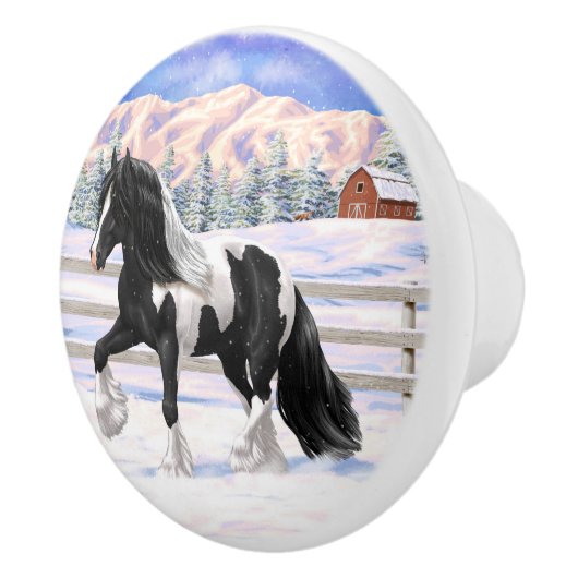 Black Pinto Piebald Gypsy Vanner Draft Horse Keramische Knop (Rechts)