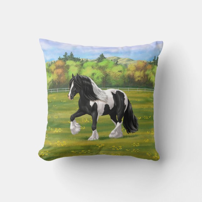 Black Pinto Piebald Gypsy Vanner Draft Horse Kussen (Voorkant)