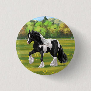 Black Pinto Piebald Gypsy Vanner Draft Horse Ronde Button 3,2 Cm