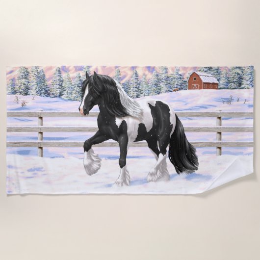 Black Pinto Piebald Gypsy Vanner Draft Horse Strandlaken (Voorkant)