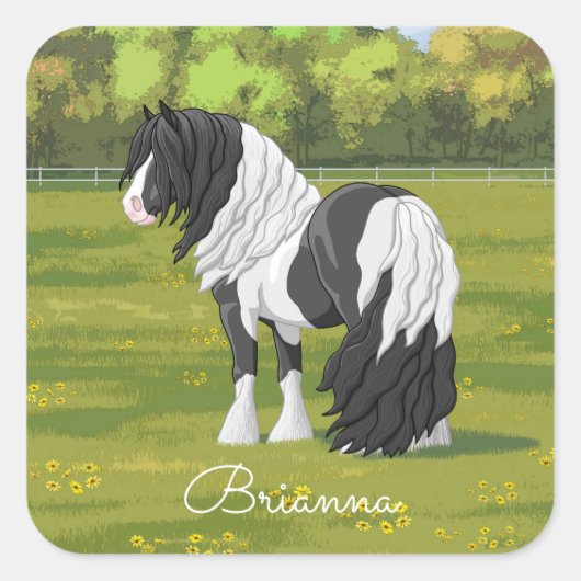 Black Pinto Piebald Gypsy Vanner Draft Horse Vierkante Sticker (Voorkant)