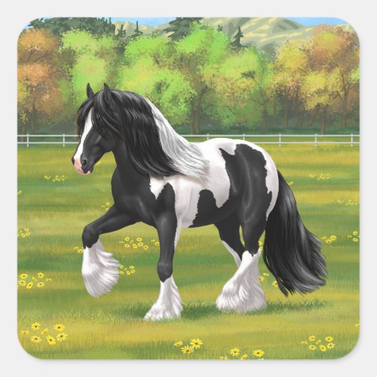 Black Pinto Piebald Gypsy Vanner Draft Horse Vierkante Sticker (Voorkant)