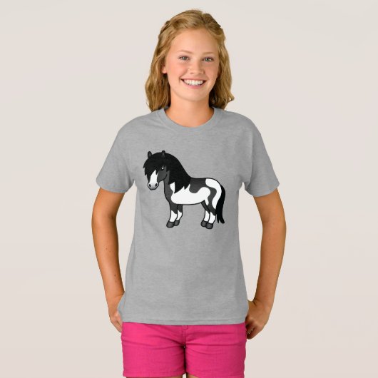 Black Pinto Shetland Pony Illustratie Cartoon T-shirt (Voorkant volledig)