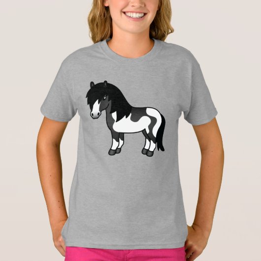 Black Pinto Shetland Pony Illustratie Cartoon T-shirt (Voorkant)