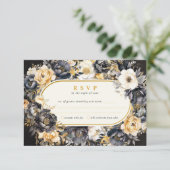 Black Pioenenboarder RSVP Bruiloft Reactie Kaart (Staand voorkant)