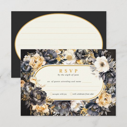 Black Pioenenboarder RSVP Bruiloft Reactie Kaart (Voorkant / Achterkant)