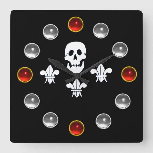 BLACK PIRATE FLAG JOLLY ROGER SKULL, THREE LILILIE VIERKANTE KLOK (Voorkant)