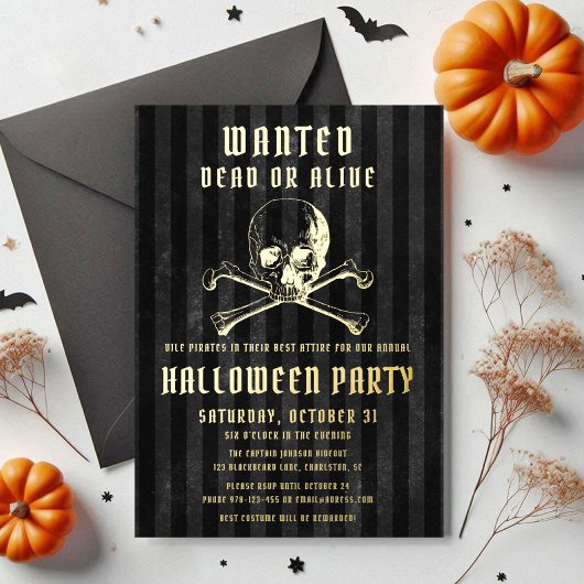 Black Pirate Skull & Botten Halloween Party Gold Folie Uitnodiging