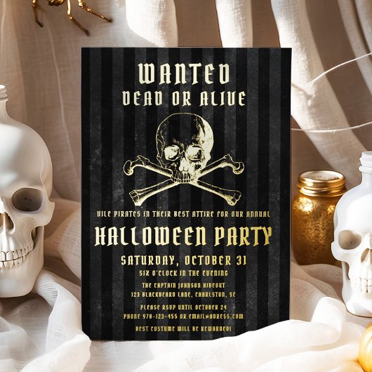 Black Pirate Skull & Botten Halloween Party Gold Folie Uitnodiging