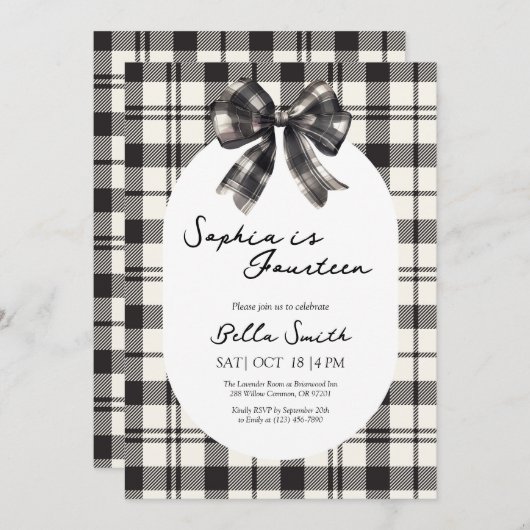 Black Plaid Bow Verjaardag Uitnodiging (Voorkant / Achterkant)