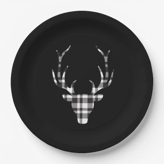 Black Plaid Check Deer Christmas Paper Plates Papieren Bordje (Voorkant)