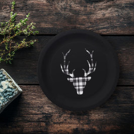 Black Plaid Check Deer Christmas Paper Plates Papieren Bordje