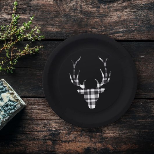Black Plaid Check Deer Christmas Paper Plates Papieren Bordje