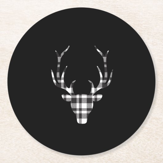 Black Plaid Check Deer Christmas  Ronde Kartonnen Onderzetter (Voorkant)