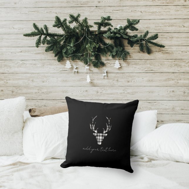 Black Plaid Deer Christmas Kussen (rustic elegant personalized christmas throw pillow. black plaid deer design)