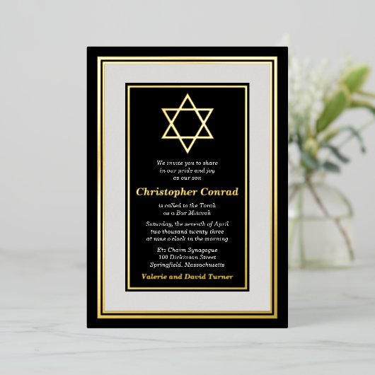 Black Platinum Gold Foil Star van David Bar Mitzva Folie Uitnodiging (Staand Voorkant)
