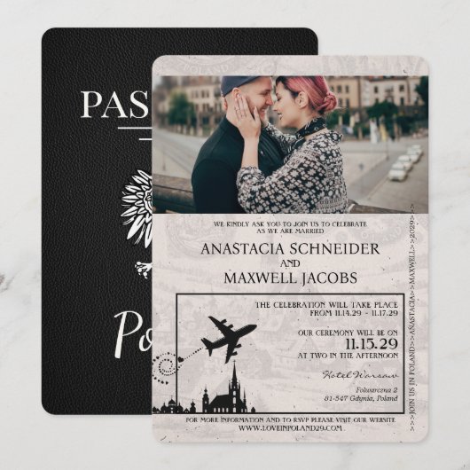Black Poland Passport Uitnodiging voor het Huwelij (Voorkant / Achterkant)