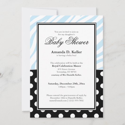 Black Polka Dot Blue Zebra Print Baby shower Kaart (Voorkant)