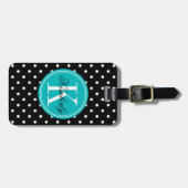 Black Polka Dot met Blauwgroen monogram Bagagelabel (Voorkant horizontaal)