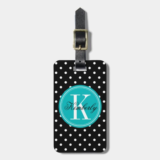 Black Polka Dot met Blauwgroen monogram Bagagelabel (Voorkant verticaal)