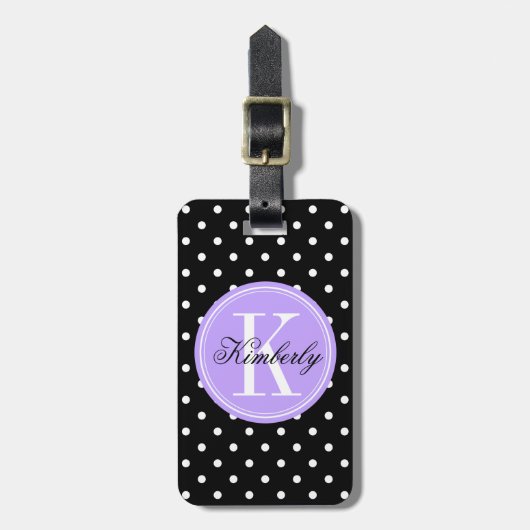 Black Polka Dot met Lila monogram Bagagelabel (Voorkant verticaal)