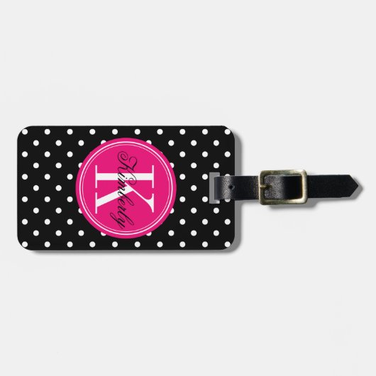 Black Polka Dot met roze monogram Bagagelabel (Voorkant horizontaal)