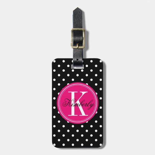 Black Polka Dot met roze monogram Bagagelabel (Voorkant verticaal)