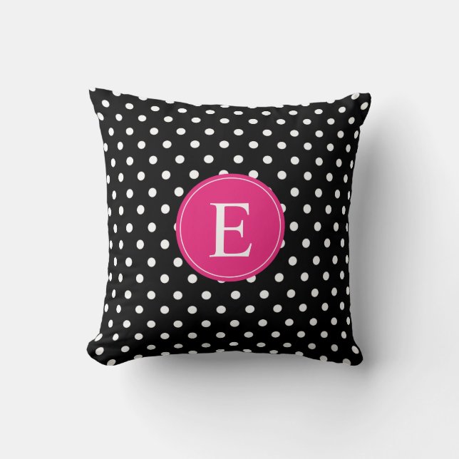Black Polka Dot Pink Monogram Kussen (Voorkant)