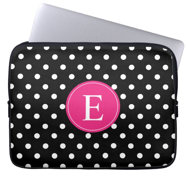 Black Polka Dot Pink Monogram Laptop Sleeve (Voorkant)
