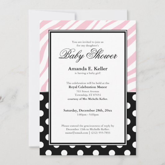 Black Polka Dot Pink Zebra Print Baby shower Kaart (Voorkant)