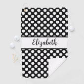 Black polka dots golf towel ladies custom name golfhanddoek (Insitu)