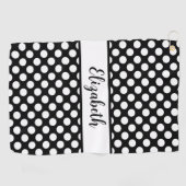 Black polka dots golf towel ladies custom name golfhanddoek (Horizontaal)