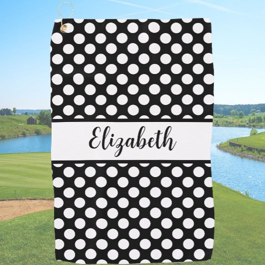 Black polka dots golf towel ladies custom name golfhanddoek