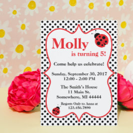 Black Polkadot Ladybug Birthday Party Invitation Kaart
