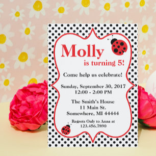 Black Polkadot Ladybug Birthday Party Invitation Kaart
