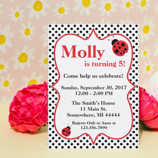 Black Polkadot Ladybug Birthday Party Invitation Kaart