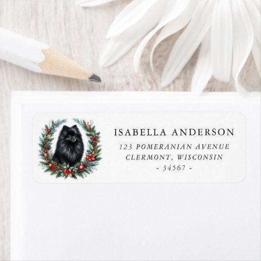 Black Pomeranian Christmas Wreath Retouradres Etiket (Insitu)