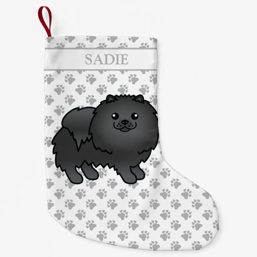Black Pomeranian Cute Cartoon Dog & Name Kleine Kerstsok (Voorkant)