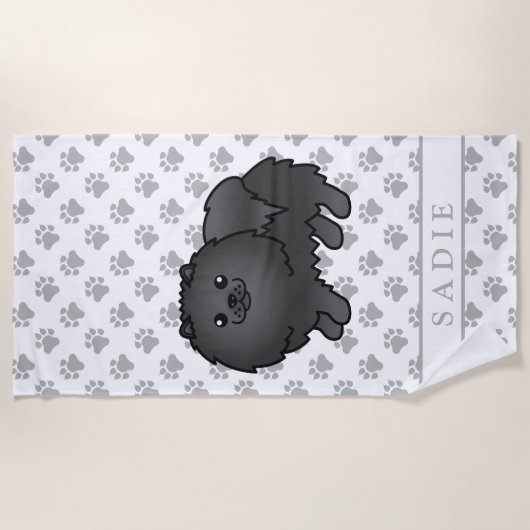 Black Pomeranian Cute Cartoon Dog & Name Strandlaken (Voorkant)